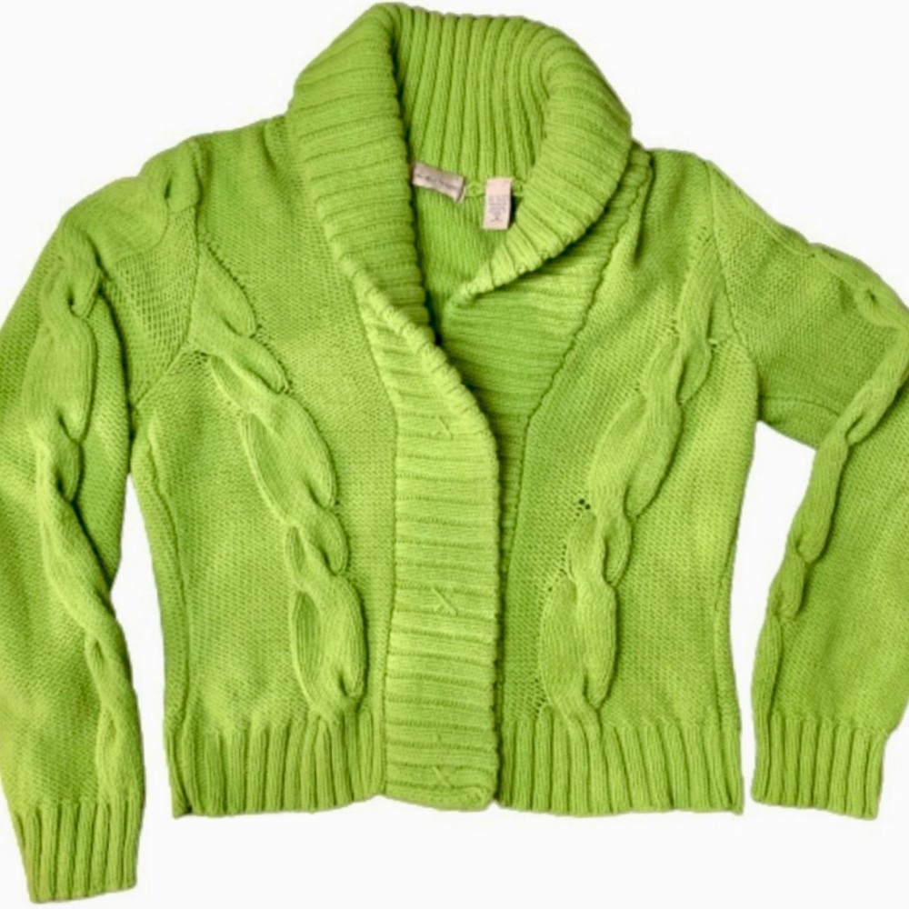 Vintage Chunky Knit Cardigan Green Cropped Shawl Neck EUC M Snaps  ie Relaxd😍